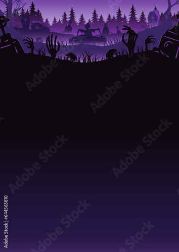 Halloween background with zombie and skeleton hand, cemetery for holiday poster. Creepy and mystical background with cross, grave, tombstone and dead man for dark fear october design