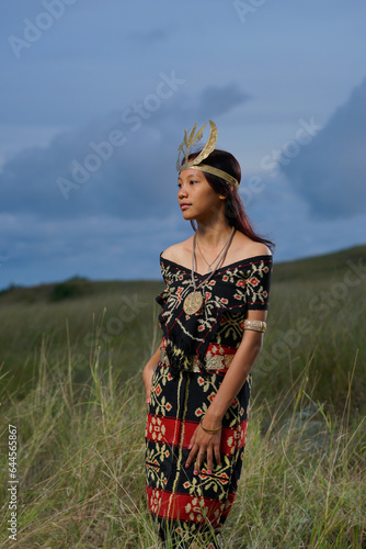 beautiful women wearing local clothes from the Rote Island. traditional clothing of Rote island, East Nusa Tenggara province, Indonesia