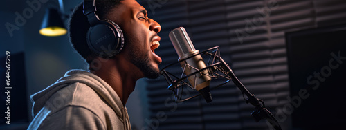 Young man singing against a dark background with dimmed lights