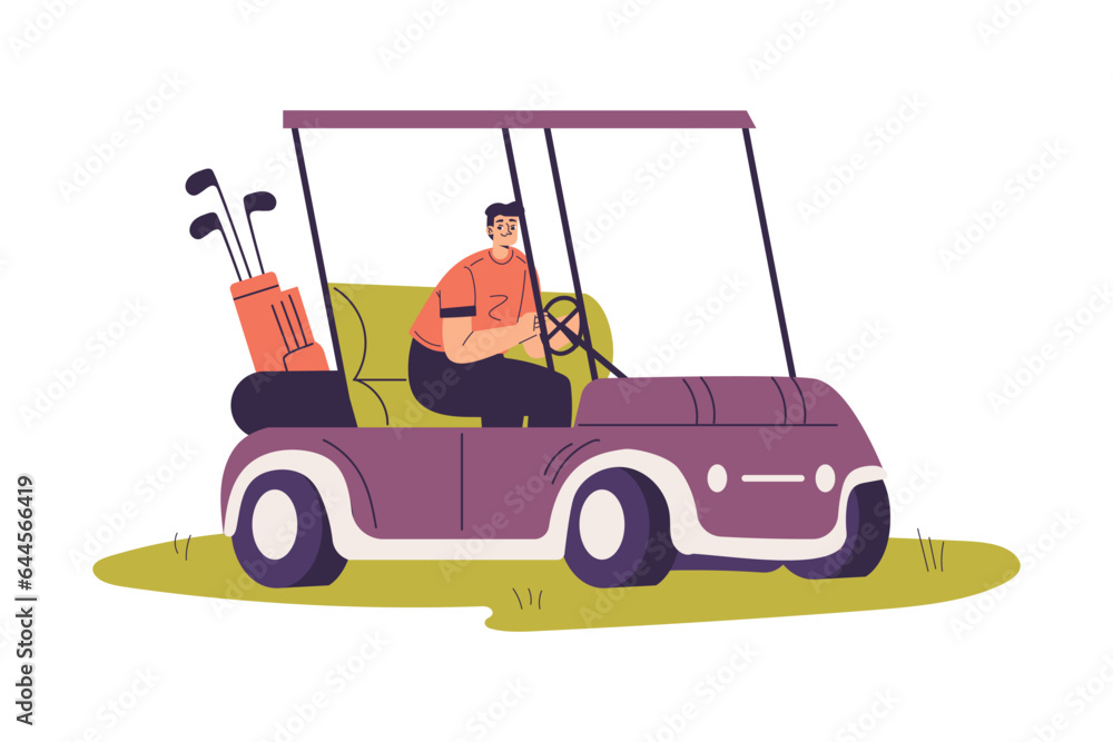 Man Character Golf Playing Ride Car with Golf Clubs on Green Grass Vector Illustration
