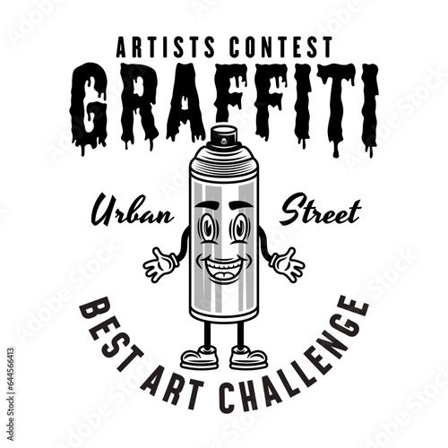 Graffiti contest vector monochrome emblem, badge, label or logo with spray paint can smiling character isolated on white background
