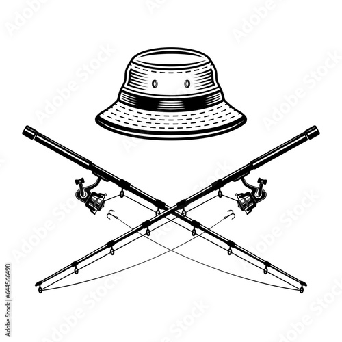 Bucket hat and two crossed fishing rods vector monochrome style illustration on graphic objects isolated on white background