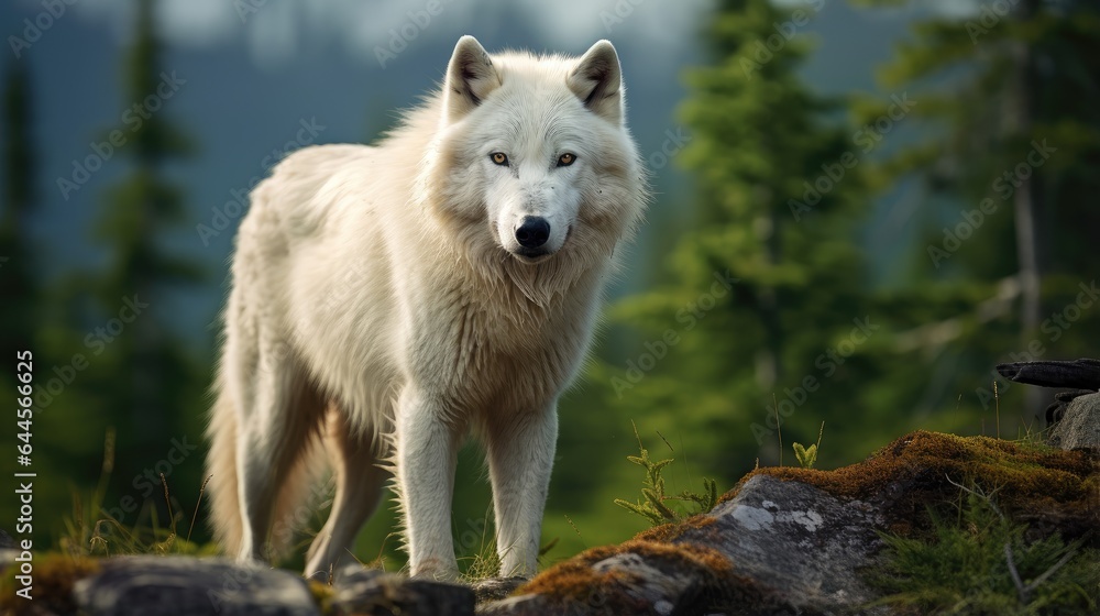 A breathtaking shot of a White Wolf in his natural habitat, showcasing his majestic beauty and strength. A breathtaking shot of a White Wolf in his natural habitat, showcasing his majestic beauty and strength.