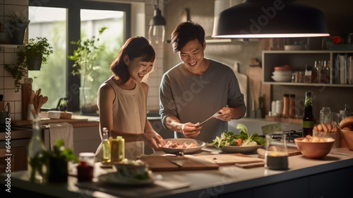 Young couple cooking together in the kitchen