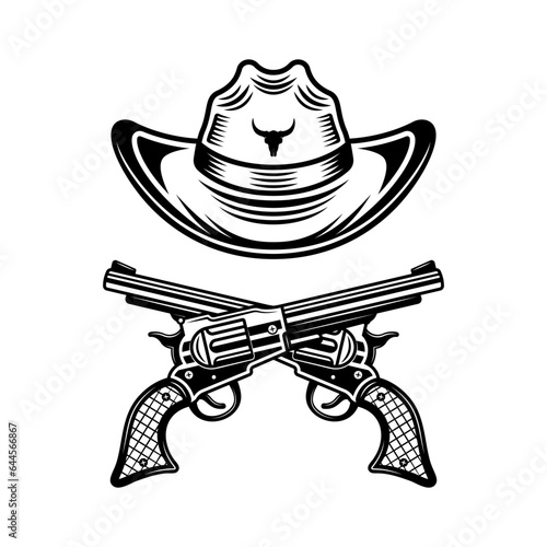 Cowboy hat and two crossed pistols vector monochrome style illustration on graphic objects isolated on white background