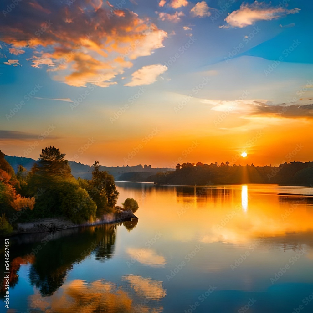 Naklejka premium sunset on the river