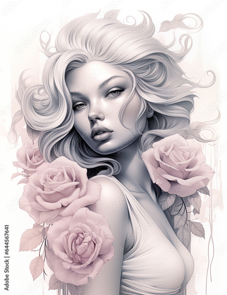 Grayscale portrait of a beautiful woman with red roses