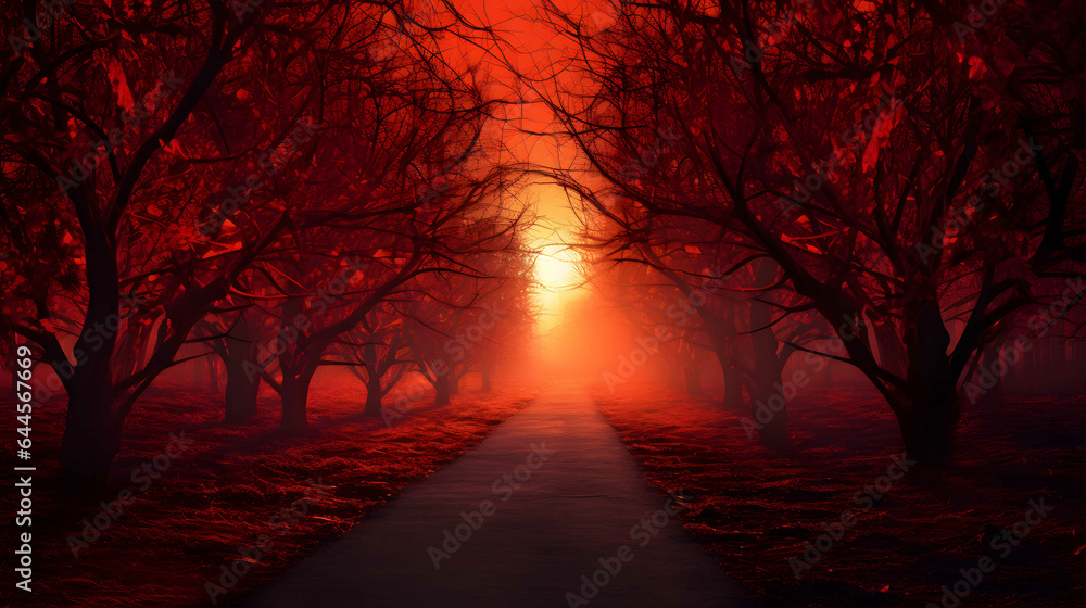 Mystical dark red scary forest with fog and footpath. Halloween background.	