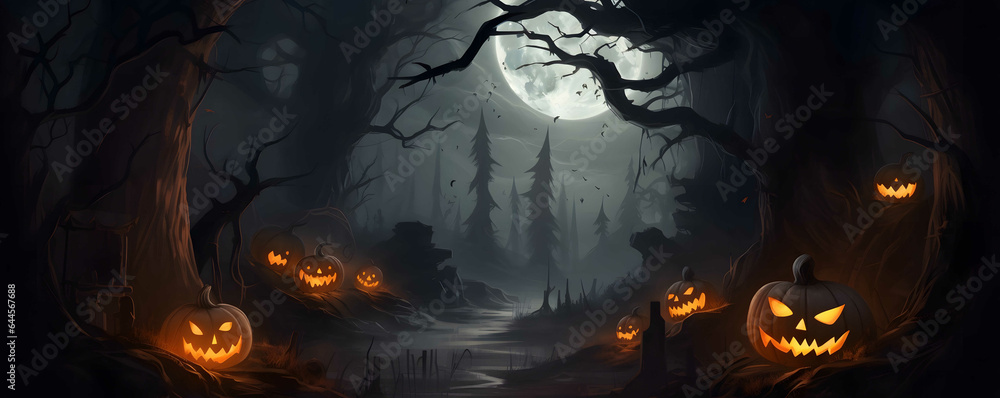 Halloween background with pumpkins and bats in the dark forest.