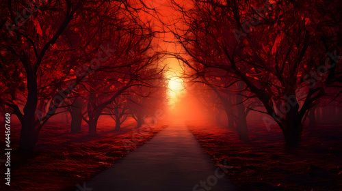 Mystical dark red scary forest with fog and footpath. Halloween background. 