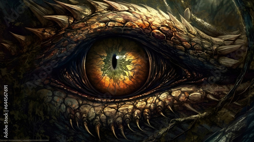 Eye of the fire dragon. The Devil s Gaze. Fantasy creature. Fantasy dragon eye. Ancient reptile. Mythological evil. Dangerous creature. Mythological evil. Close-up. Detailed illustration. 3D rendering © mandu77