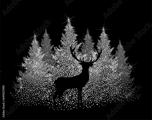 Christmas illustration of deer and fir-trees. Vector illustration
