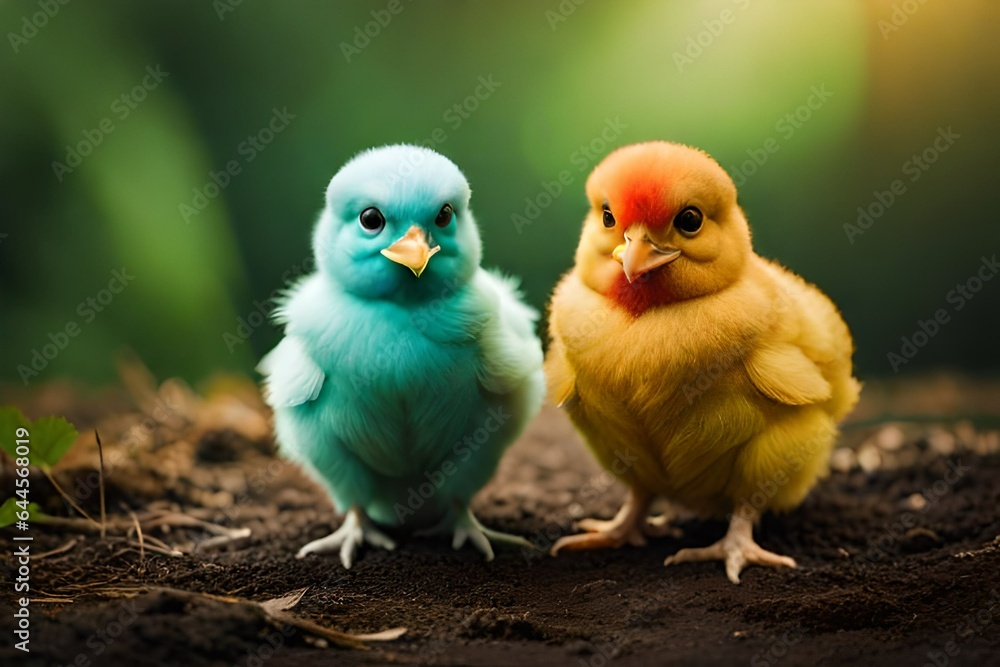 two yellow and blue chicks