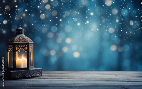 Winter snowy stage background with lantern, wooden floors and Ramadan lights on blue background, banner layout, copy space