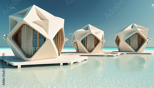 Sea view White wood cube houses futuristic water huts Maldives island Ai generate