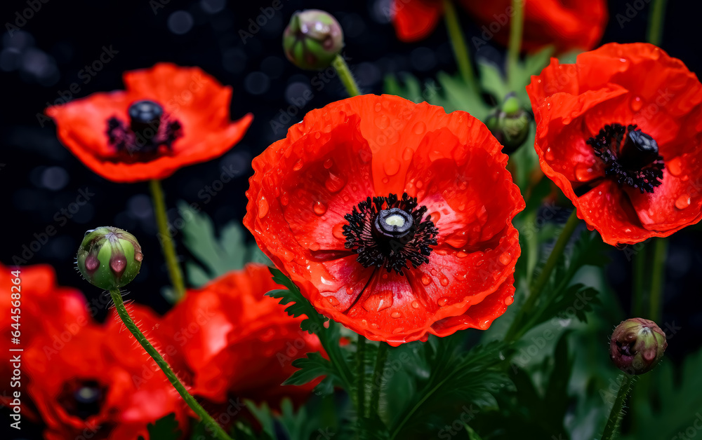Obraz premium Orange poppy flower in the spring , dark green and red, flower on black background.