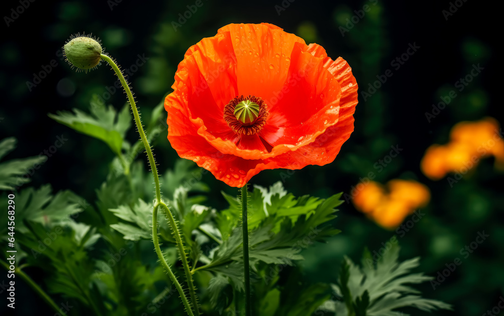 Orange poppy flower in the spring , dark green and red, flower on black background. Orange poppy flower in the spring , dark green and red, flower on black background.