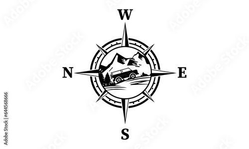 Compass in the Mountains and Car Mountain Vector and Clip Art