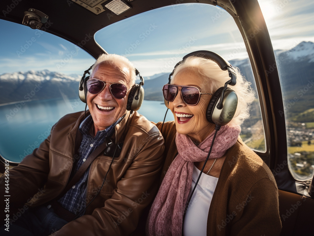 A Photo of an Elderly Couple Taking a Scenic Helicopter Tour A Photo of an Elderly Couple Taking a Scenic Helicopter Tour