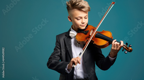 Little boy playing violin on blue sky background