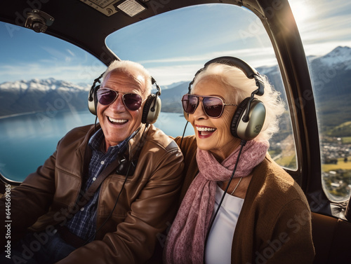 A Photo of an Elderly Couple Taking a Scenic Helicopter Tour