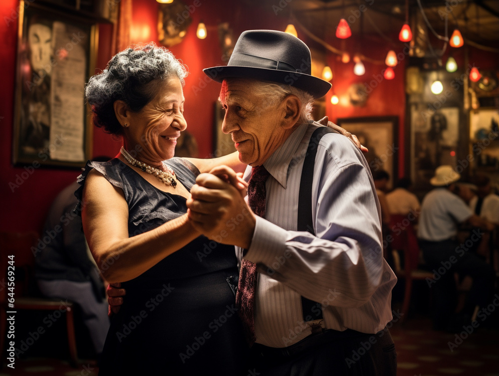 Obraz premium A Photo of Elderly Travelers on a Tango Dance Floor in Buenos Aires