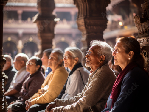 A Photo of Elderly Travelers Listening to a Spiritual Leader at a Temple