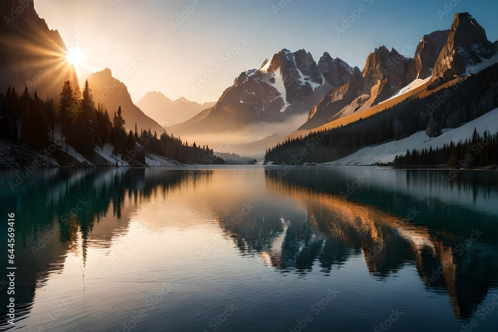 sunrise and lake  in the mountains