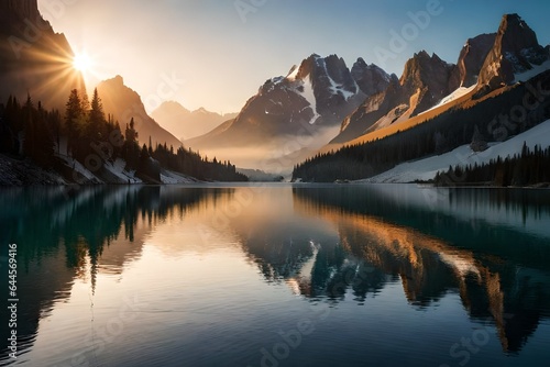 sunrise and lake in the mountains