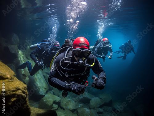 A Photo of Seniors Exploring Underwater Caves While Scuba Diving