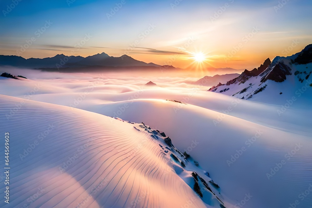 sunrise over the snow  caped mountains 