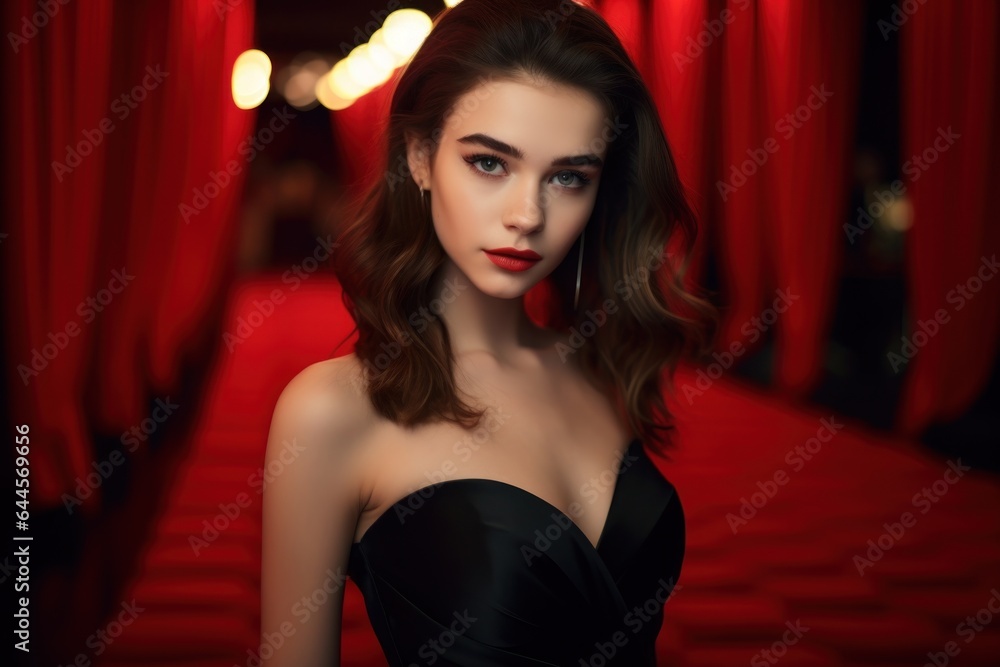 Naklejka premium Beautiful brunette woman in black dress, face portrait. Celebrities on red carpet, generated by AI