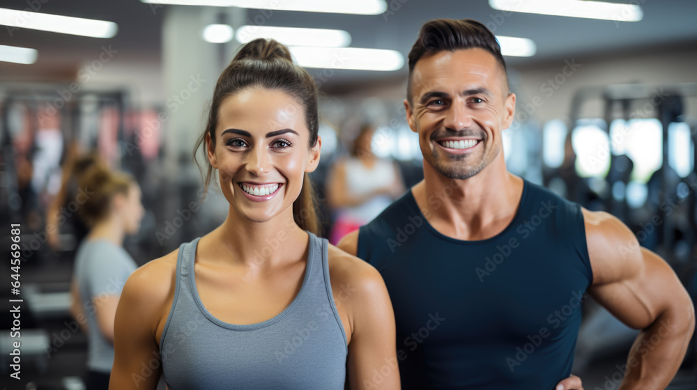 Group of athletic men and women stand together in the background of a gym Group of athletic men and women stand together in the background of a gym