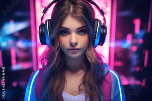 Beautiful woman with headphones, neon blurred background. Cybersport gamer banner, generated by AI