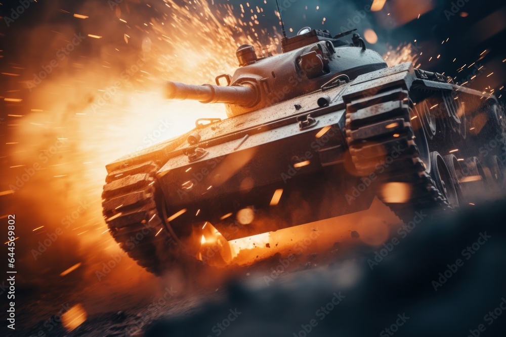 Tank on fire in battle. War action effects. Military game banner, generated by AI
