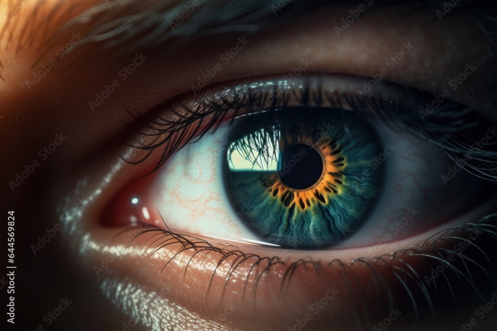 Fototapeta premium Close up of a woman eye. Eyeball macro view, generated by AI