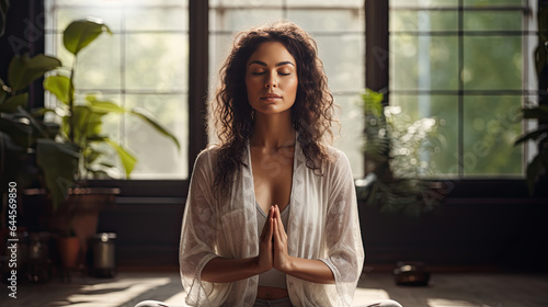 a spiritual young pretty woman sits cross-legged and meditates.