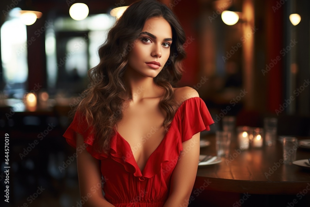 Portrait of a chic brunette at the bar counter. A beautiful young girl on a date looks at the camera. Dating service banner generated by AI