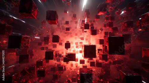Abstract futuristic background with geometric red cubes and lights coming out of it. Geometric shape that forms into red squares and flash of light and red color.
