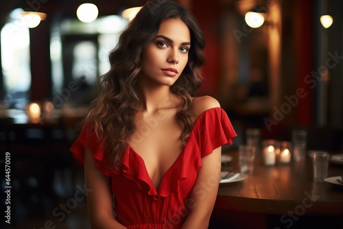 Portrait of a chic brunette at the bar counter. A beautiful young girl on a date looks at the camera. Dating service banner generated by AI