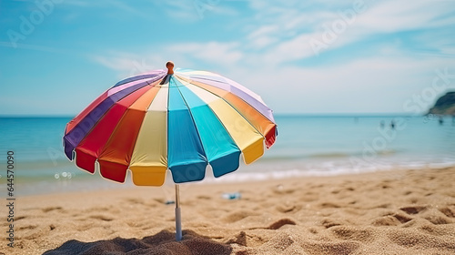 a colorful parasol in rainbow colors on the beach by the sea in summer. no people