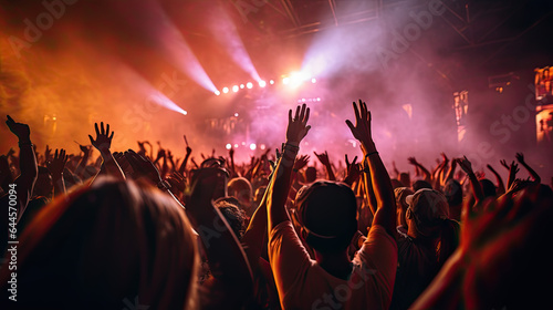 a large crowd of young people in a nightclub partying. colorful light show with loud music.