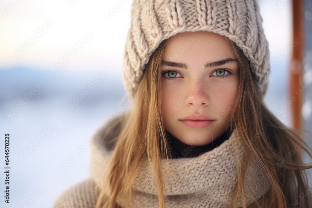 Winter portrait of a beautiful blonde woman. Cute teen face, winter holidays banner generated by AI Winter portrait of a beautiful blonde woman. Cute teen face, winter holidays banner generated by AI