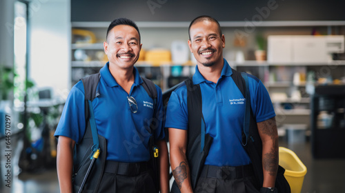 Happy multicultural cleaners looking at camera while standing with cleaning supplies in office © MP Studio