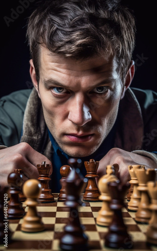 Frontal view chess player looking severe and frowning