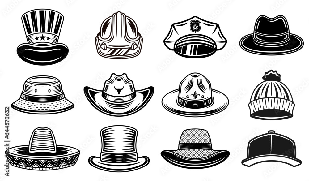 Hats set of vector objects or graphic elements in black and white style