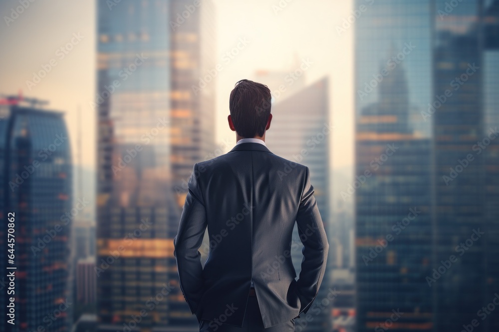 A businessman stands with his back in the office and looks at the skyscrapers. Realtor banner generated by AI A businessman stands with his back in the office and looks at the skyscrapers. Realtor banner generated by AI