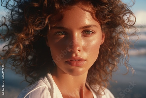 Portrait of a beautiful woman, sunrise light. Generative by AI