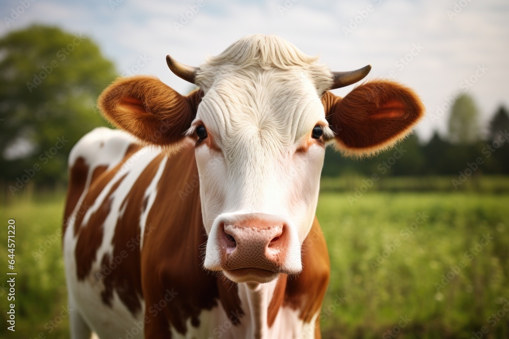 Brown and white colors cow on a green summer meadow. Farm milk cow face portrait, generated by AI