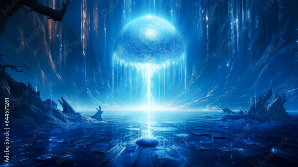 Fantasy Blue landscape. Waterfall on a  dark background, blue light coming out of water, in the style of fantasy illustration, blue fantasy waterfall.